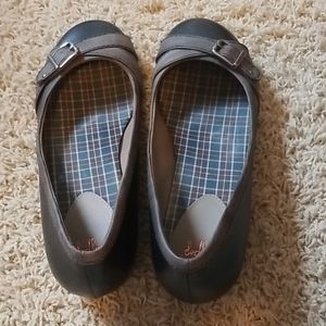 Black and gray low heel wedge shoe